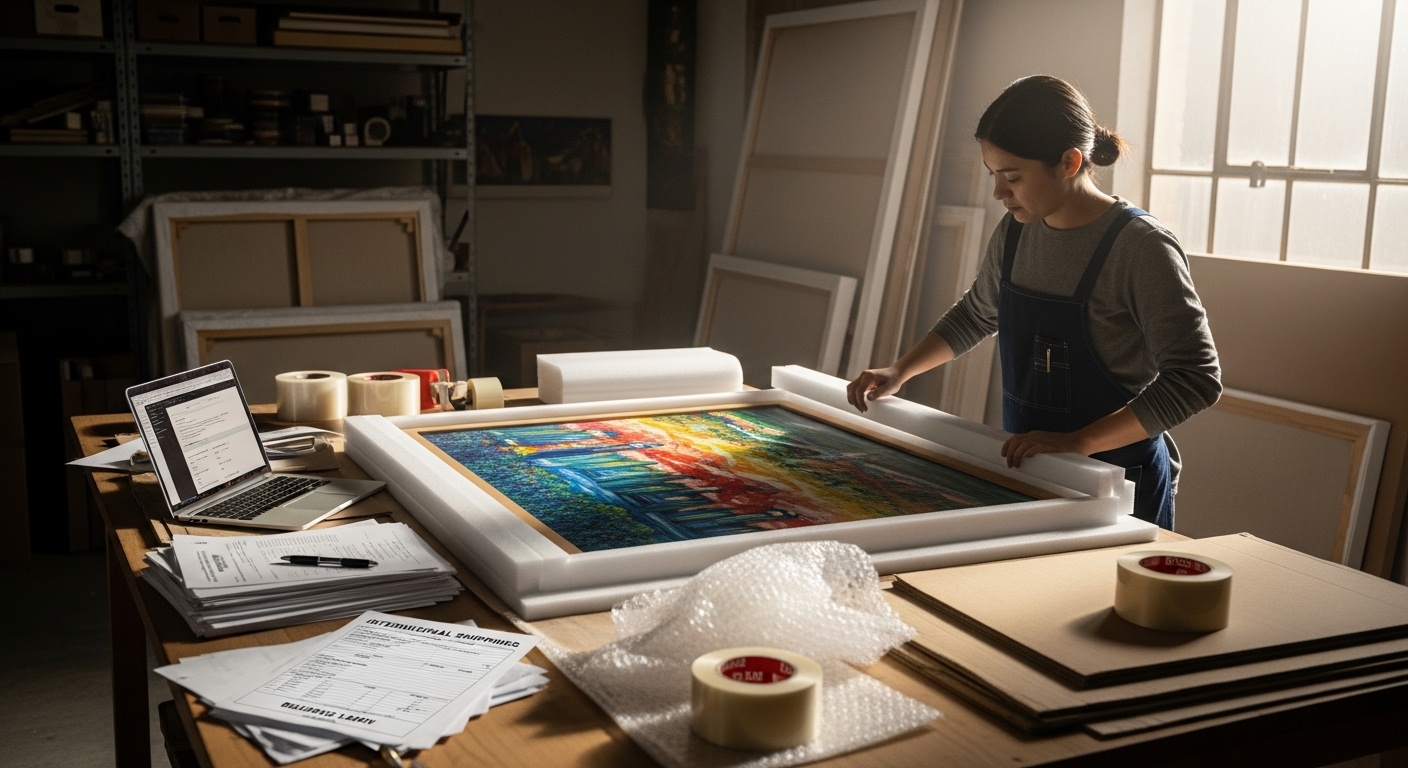 Пакування картини для міжнародного відправлення в майстерні з документами та пакувальними матеріалами