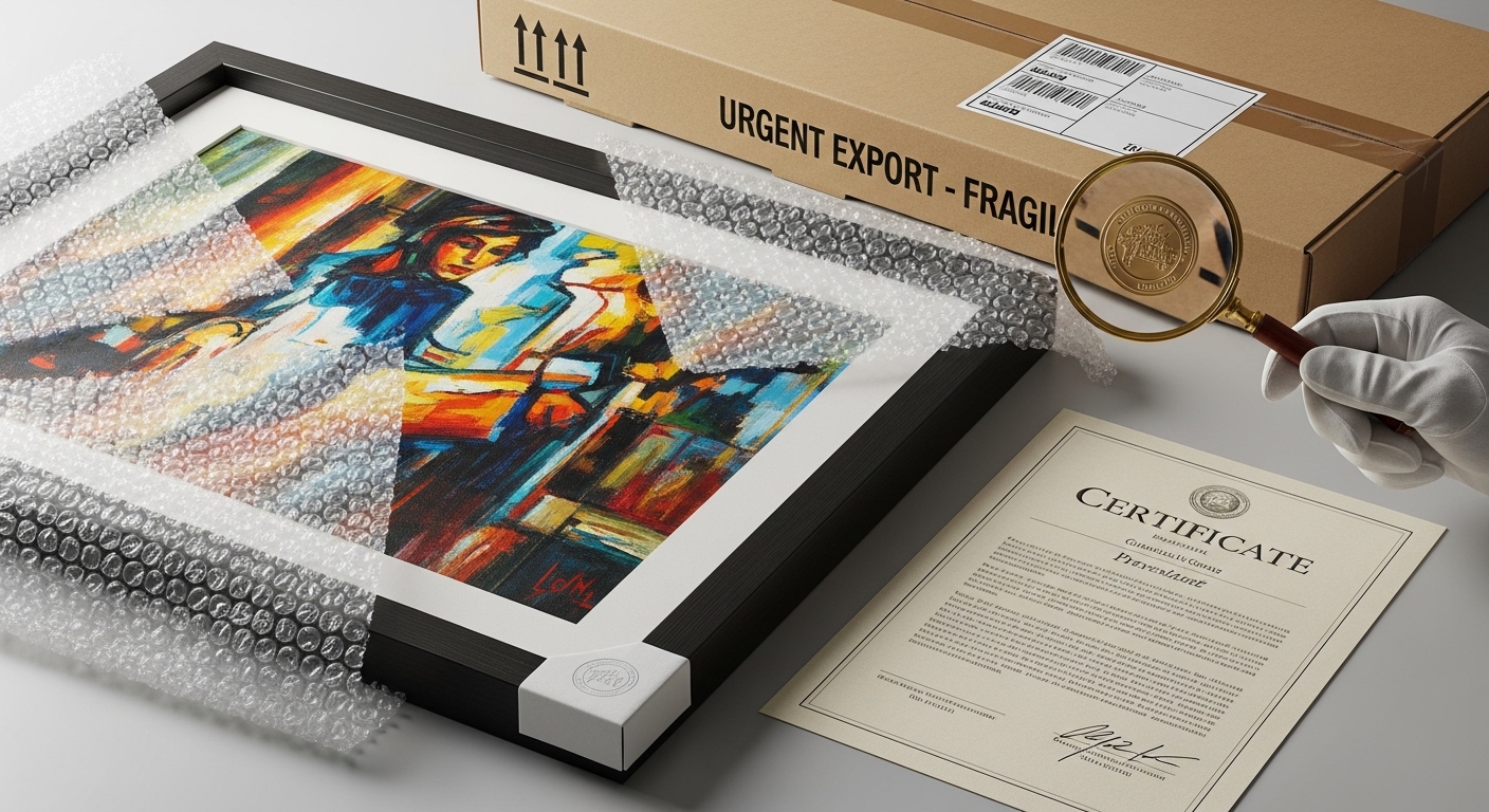 Картина в рамі, запакована для термінового експорту, поруч із сертифікатом і коробкою для відправлення