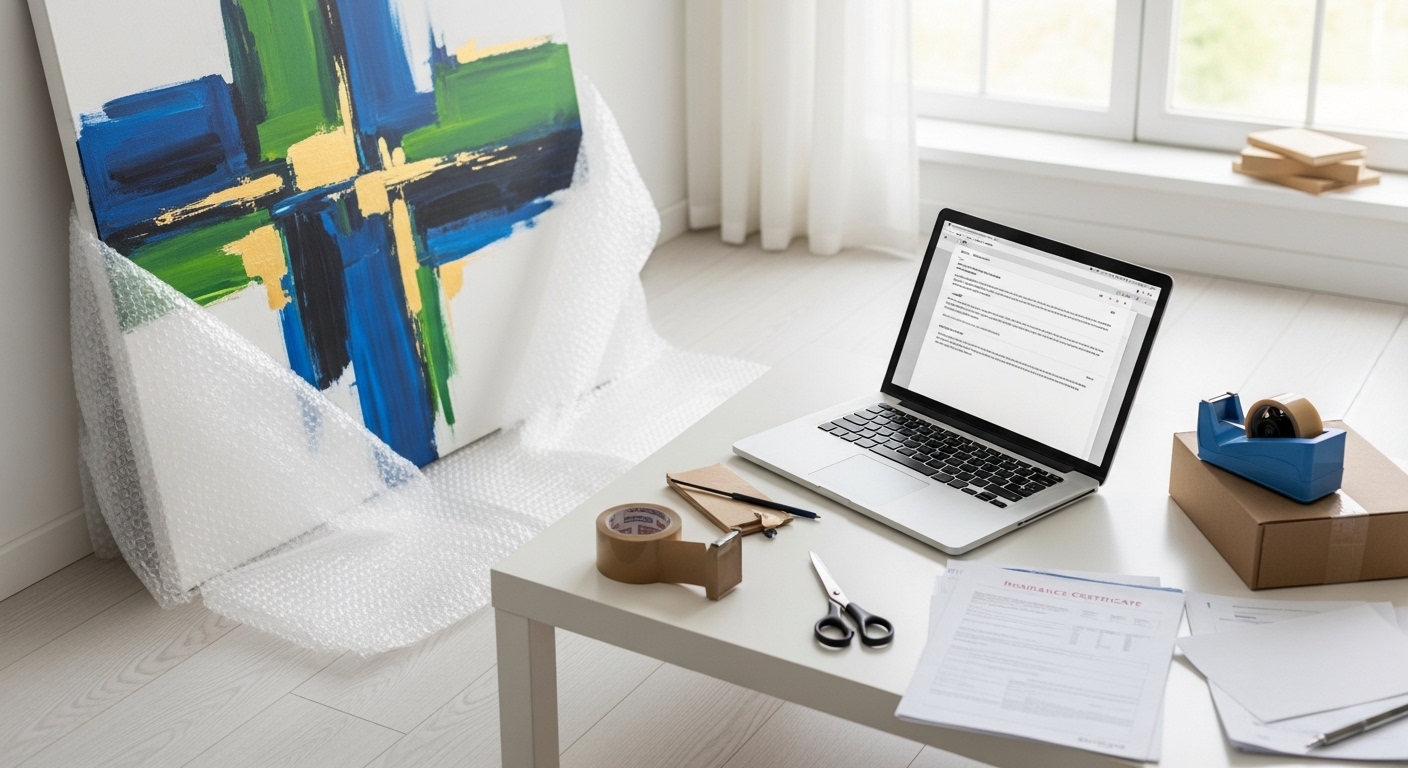 Картина з пакувальною плівкою, ноутбук і документи для організації відправлення твору мистецтва
