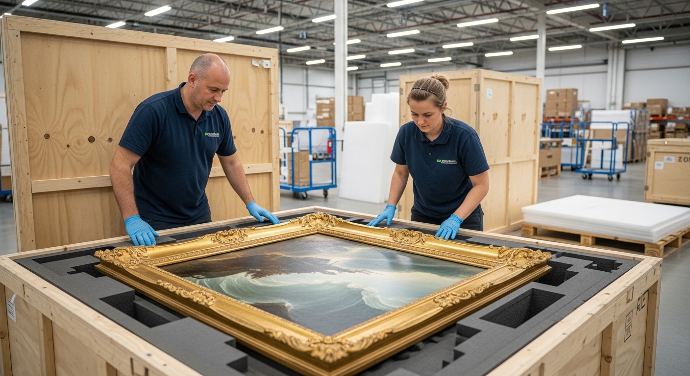 Professional packing of a painting in a reinforced wooden crate for international shipping