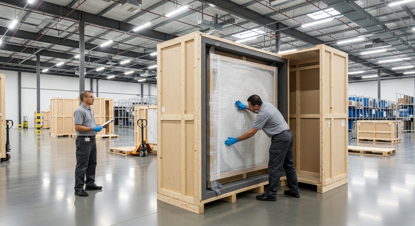Placing a painting into a custom transport crate for overseas delivery