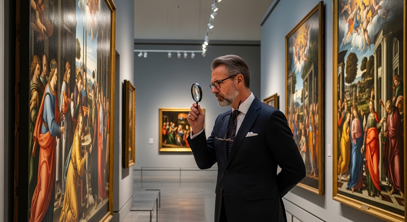 Art expertise — authenticity and cultural value verification Art expert examining a painting in a museum with a magnifying glass
