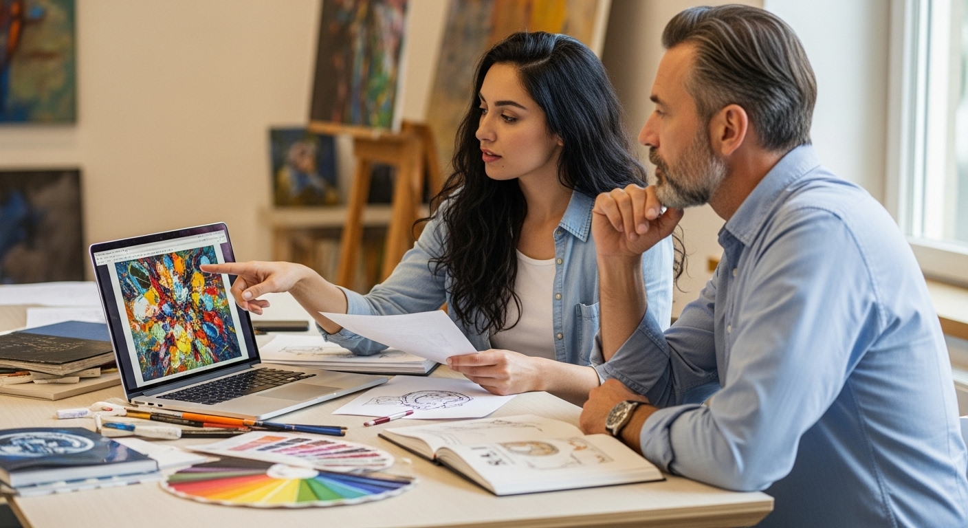 Art analysis and expertise of modern artworks Art experts discussing a digital image of a painting on a laptop