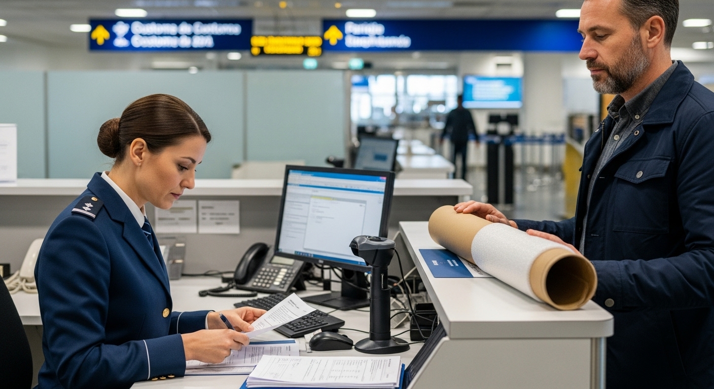 Customs clearance and export documents for paintings Customs officer checking documents for exporting a painting abroad