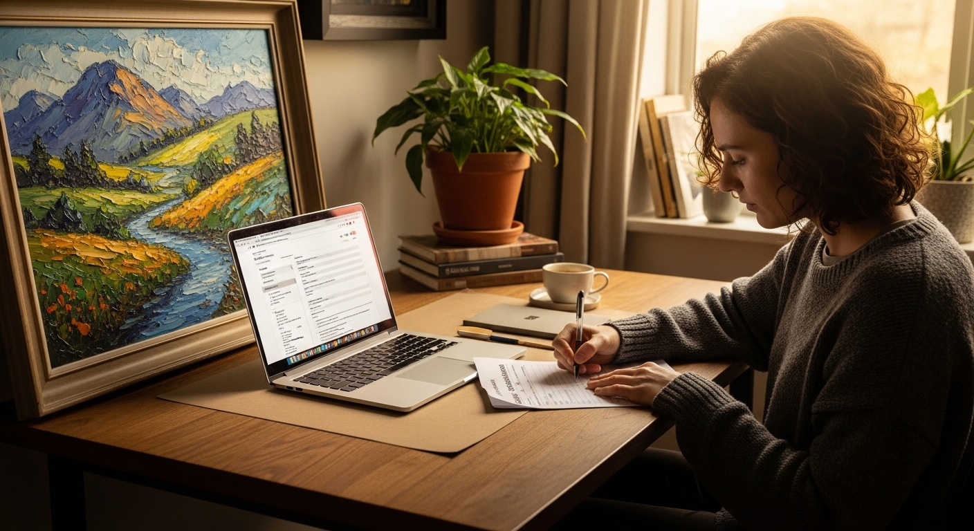 How to prepare export documents for shipping art abroad Woman filling export paperwork for a painting beside a laptop