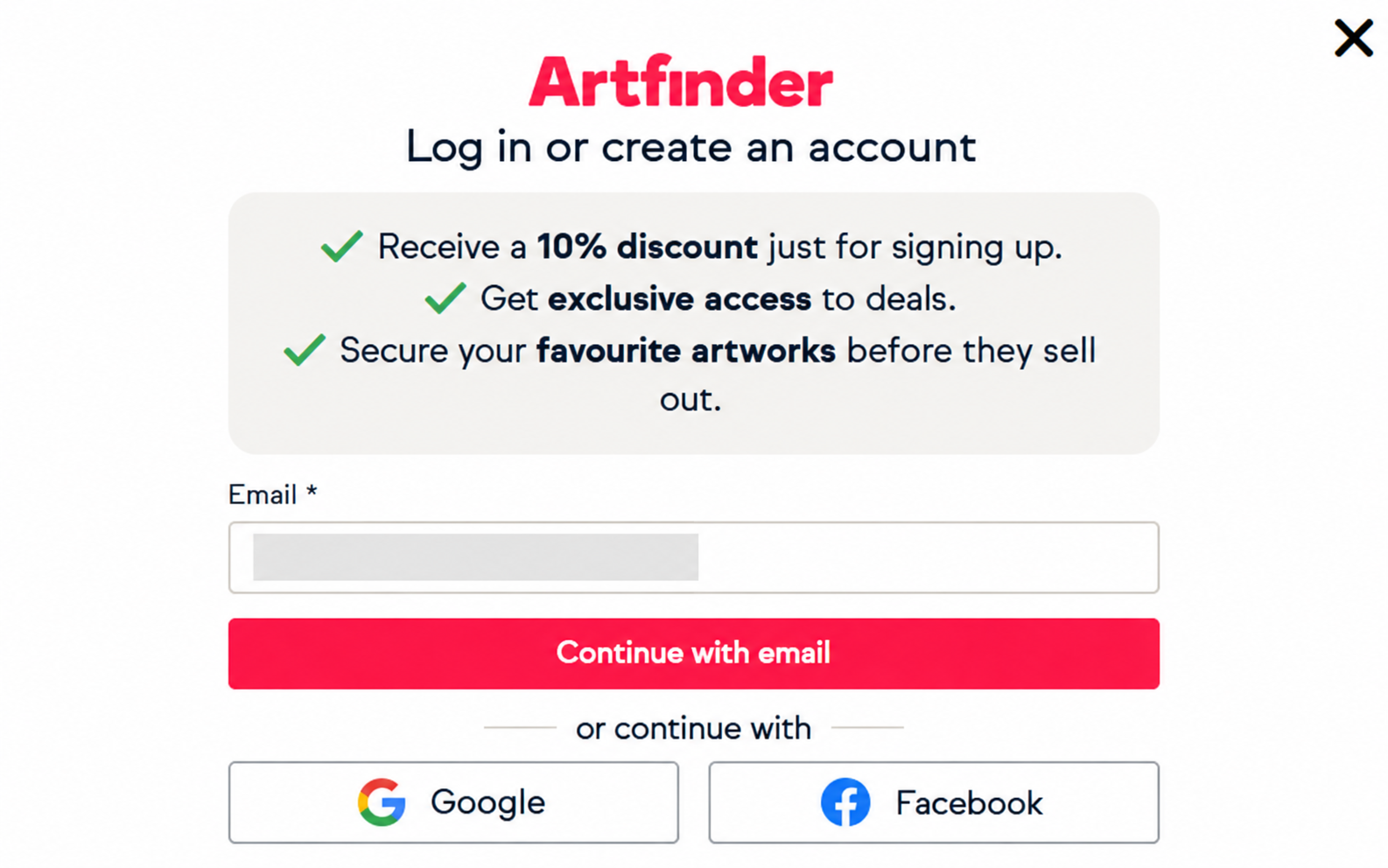 Вікно входу Artfinder