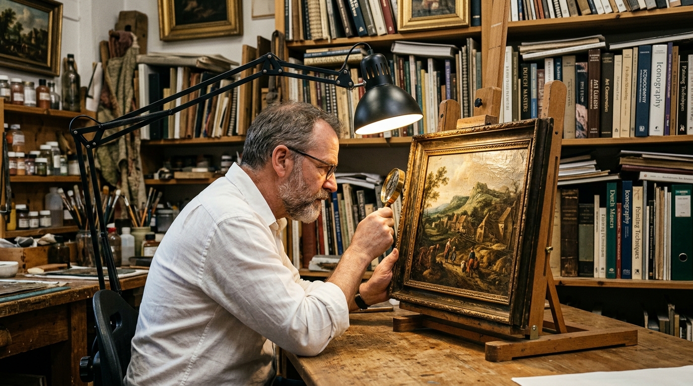 Эксперт проводит атрибуцию и экспертизу старинной картины