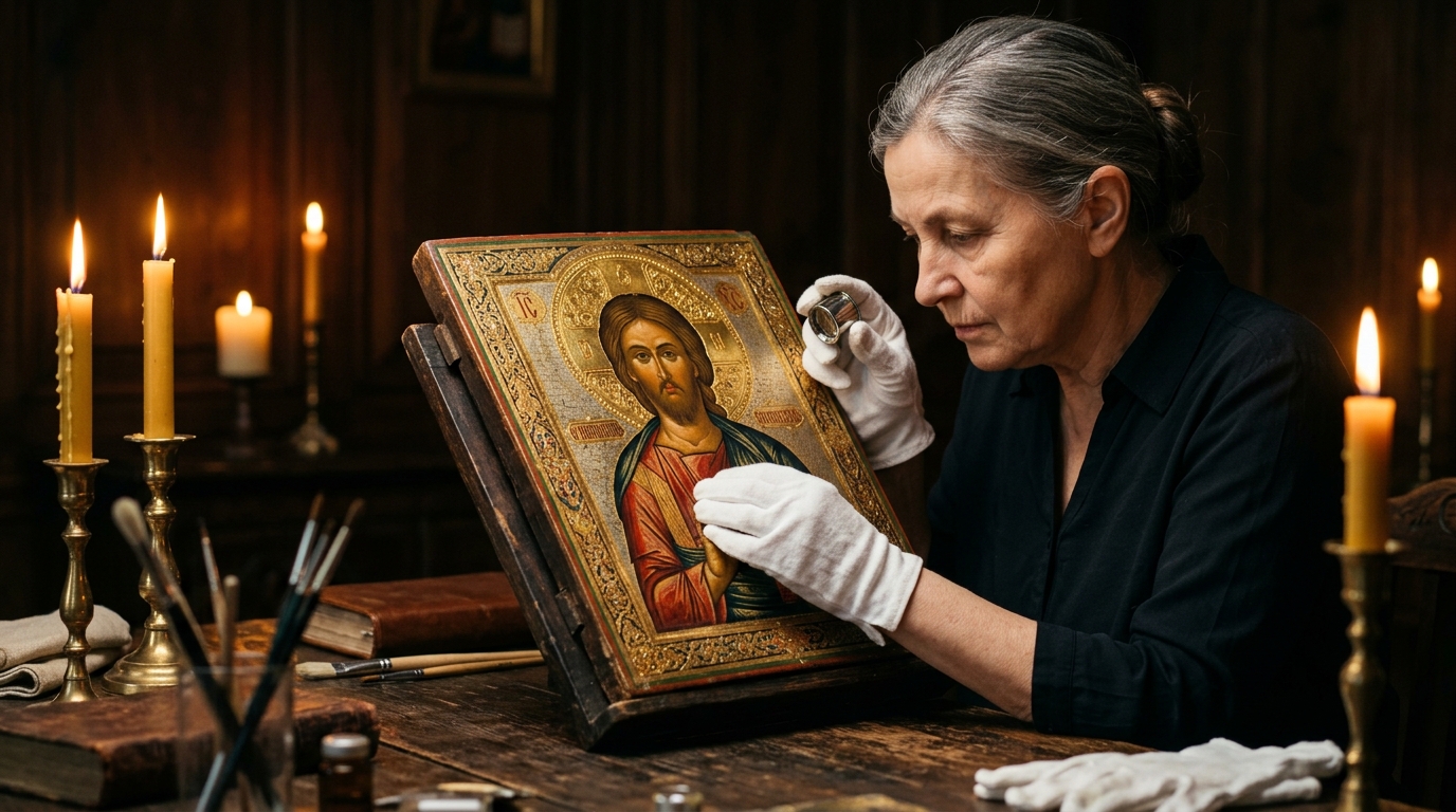 Эксперт исследует старинную икону для подтверждения подлинности