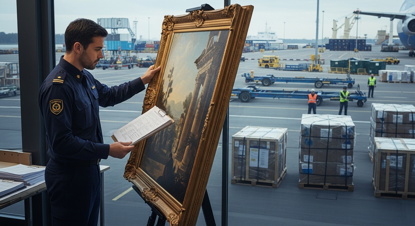 Проверка картины перед оформлением разрешения на вывоз за границу Таможенный инспектор проверяет картину перед международным вывозом в аэропорту
