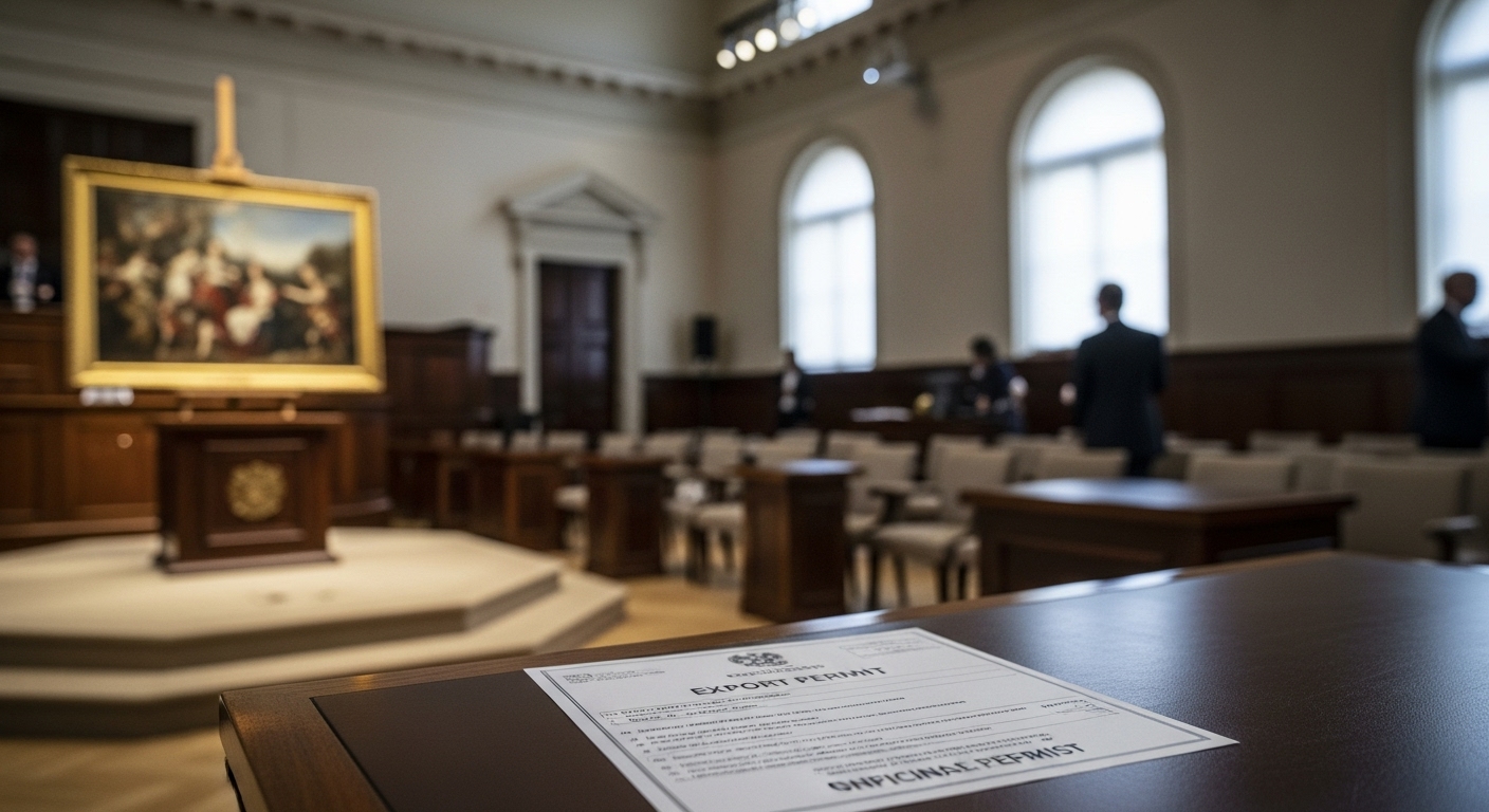 Разрешение на вывоз картины для участия в международных аукционах Документ разрешения на вывоз картины лежит на столе в аукционном доме