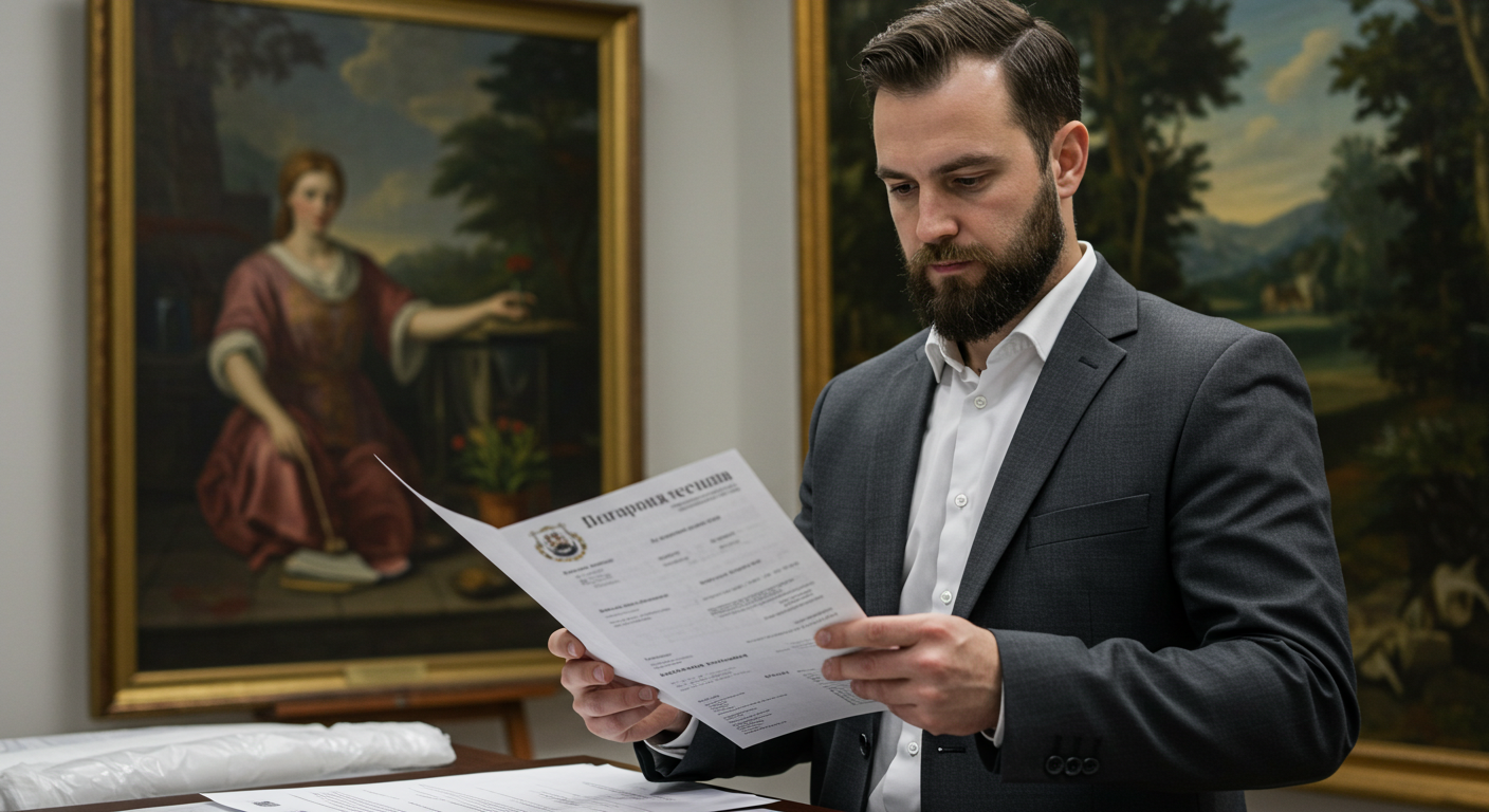 Чоловік у галереї перевіряє картини з експортними документами