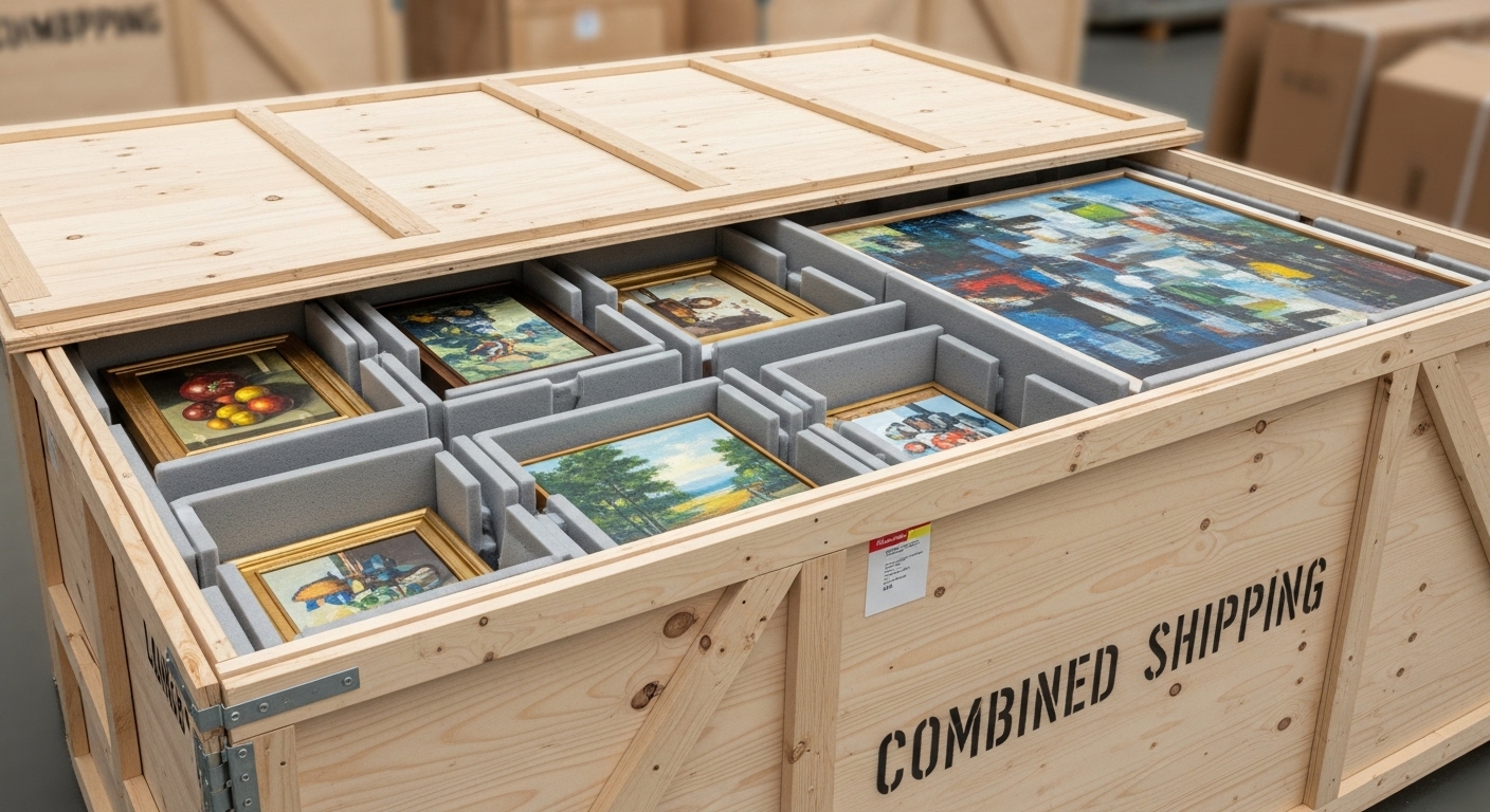 Деревянный ящик с картинами, упакованными для объединённой международной отправки