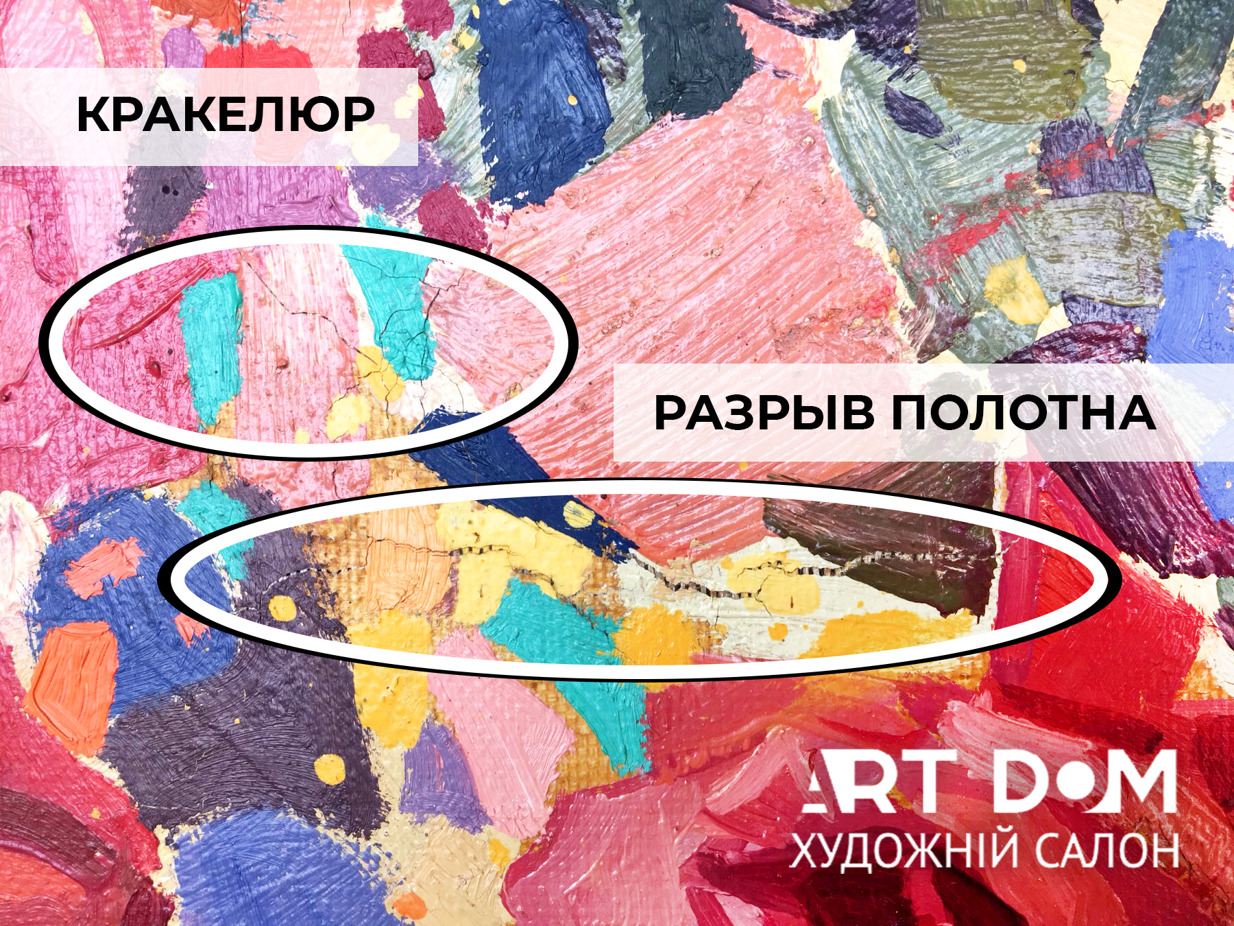 реставрация повреждений картин, разрыв полотна реставрация повреждений картин, разрыв полотна
